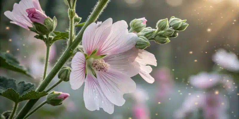Une image d'une fleur de mauve en gros plan, avec des éléments visuels qui suggèrent son action anti-inflammatoire.