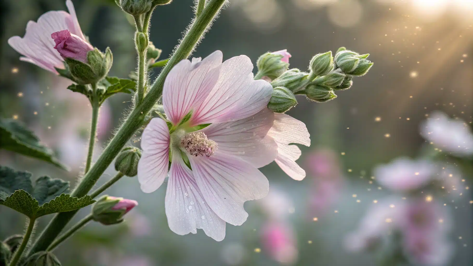 Une image d'une fleur de mauve en gros plan, avec des éléments visuels qui suggèrent son action anti-inflammatoire.
